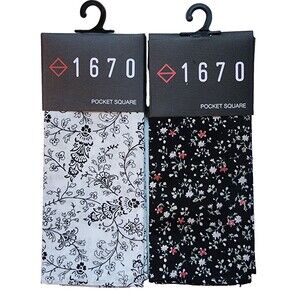 2-Pack, 1670 Pocket Squares White Floral Print & Black Floral Print, Cotton